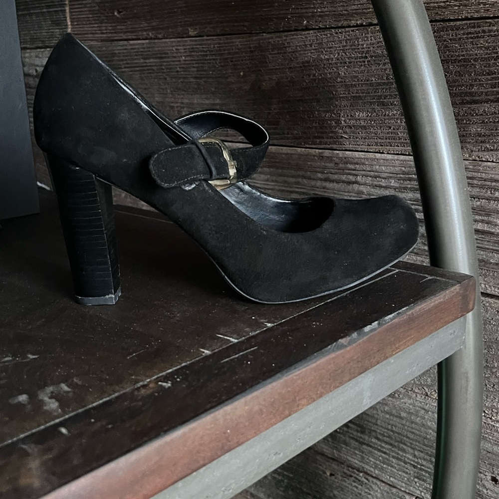 Franco Sarto Black Suede Mary Jane Block Heel Pumps